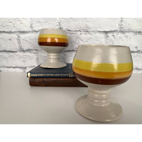 4 MCM Handmade Goblets Handpainted one pair made in Korea Yellow Red Brown - Picture 4 of 10